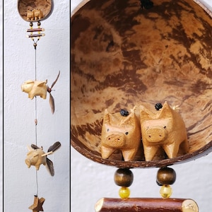 Flying pig ,wood carved ,outdoor or indoor mobile weatherproof ,removable feather spinner  (custom order)