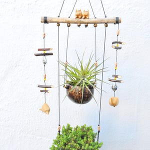 May include: Two hanging plant pots made from coconut shells, with green plants growing inside. The pots are suspended from a wooden bar with black string and decorative wooden sticks and beads.