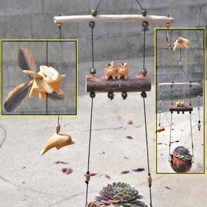 Hand Carved Wood Mobile – Bunny, Pigs, Dolphin, Coconut Shell Planter