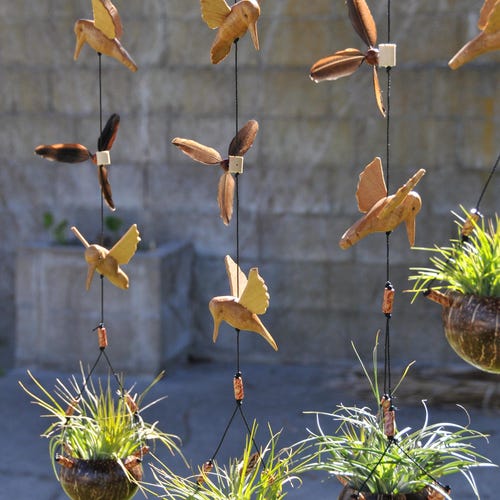 Hummingbird Wind Spinner: Hand-carved Wood, Coconut Shell Planter