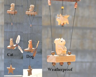 Squirrel ,Cat, Dog and pig ,wood craving hanging mobile ,  coconut pot, weatherproof, indoor or outdoor.
