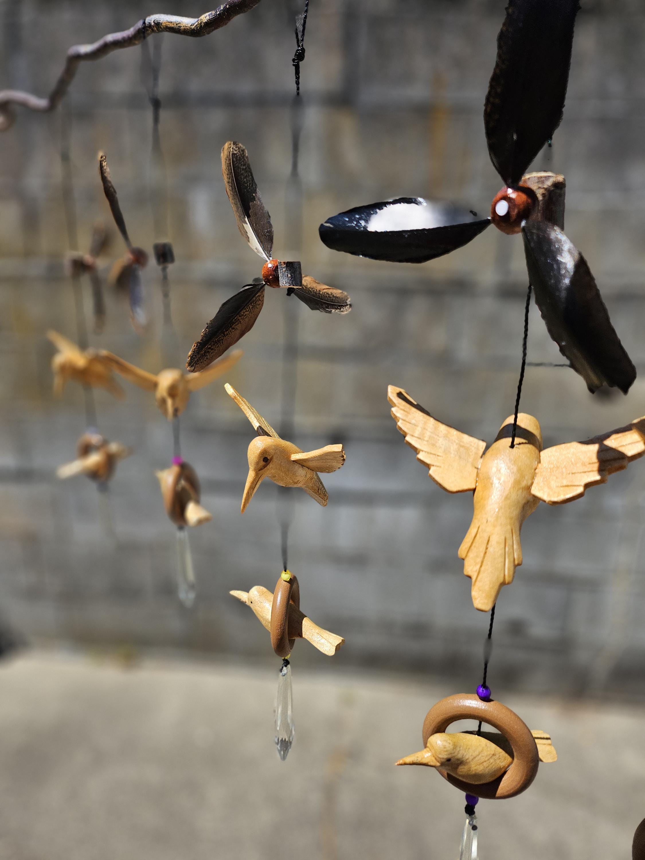 Hand Carved Hummingbird Mobile With Feather Spinners - Etsy