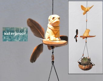 Pug on Surfboard,Hummingbird ,hanging planter ,coconut shell ,outdoor or in door weatherproof,Feather spinner.