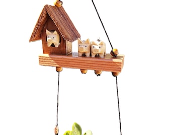 Flying Pig Mobile: Wood Carved Spinner with Coconut Planter