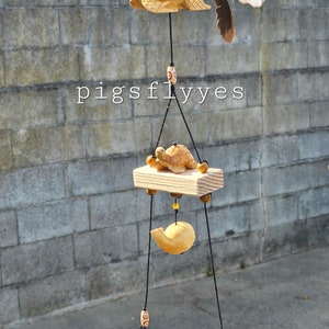 May include: A wooden turtle wind chime with a coconut shell planter hanging from it. The wind chime has three turtles and a wooden bead. The planter has a green succulent plant growing in it.