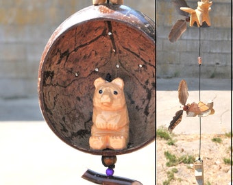 Turtle ,Hippo,bear ,pig fly unique coconut shell, outdoor mobile , UV&waterproof ,craving wood white pine,removable feather spinner