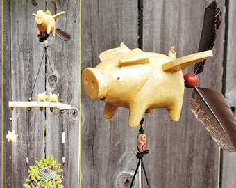 Flying pig Free Ship! Coconut Shell Planter, indoor or outdoor. Weatherproof. changeable spinner