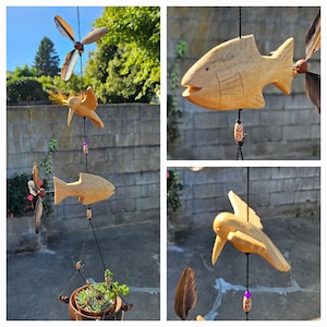 Pesce, colibrì SPEDIZIONE GRATUITA, intaglio del legno, fioriera sospesa in guscio di cocco, per interni ed esterni, resistente alle intemperie, corda da pesca in nylon!.