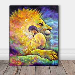 Lion & Girl, &quot; In His Arms&quot; Lion portrait, Lion painting lion wall art