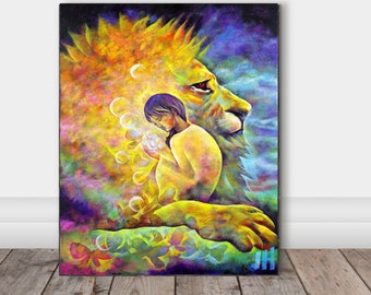 Lion & Girl, " In His Arms" Lion portrait, Lion painting lion wall art