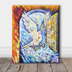 Open door, Christian painting,Dove and key canvas print, Fine art paper print