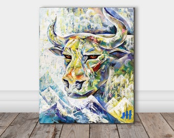 Ox painting, Pioneer spirit, Wild OX art canvas wall print,