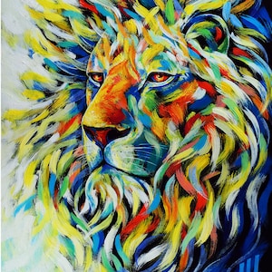 Colorful Lion Portrait – King of Kings Canvas Art Print | Prophetic Lion Painting by Janet Hyun