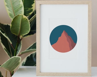 Lone Mountain Peak Landscape Red and Blue 8x10 Inch Hand-Drawn Minimalist Print