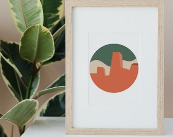 Desert Mesa Geometric Minimalist 8x10 Hand-Drawn Print, Orange, Tan, Green