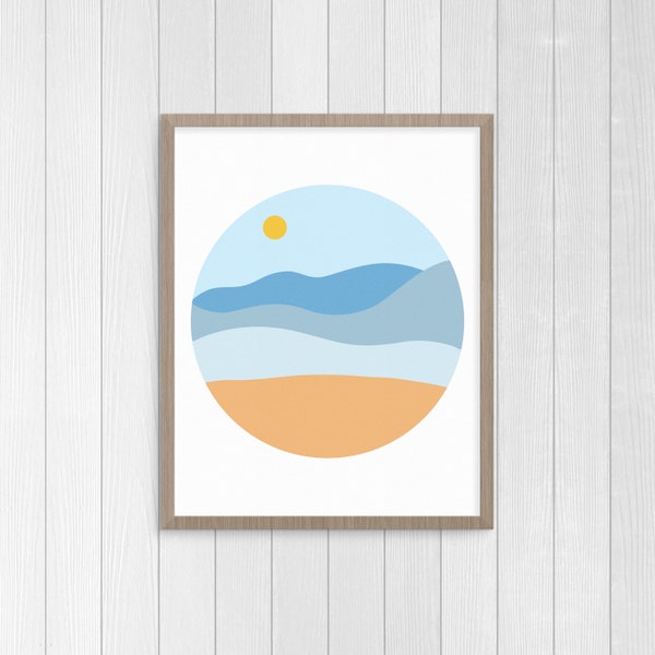 Shades of Blue Sunny Beach and Ocean Landscape Hand-Drawn Minimalist Print 8x10