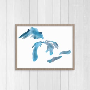 The Great Lakes, Blue Watercolor Hand-Drawn 8x10 Print