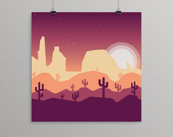 Paysage de cactus au lever de la lune du désert du sud-ouest, impression giclée minimaliste 10x10, sans cadre