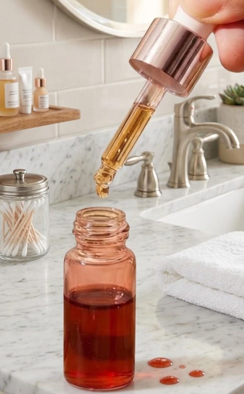 May include: A clear glass bottle with a rose gold dropper is held above a matching bottle filled with a reddish-brown liquid. Several drops of the liquid are visible on the counter. Other skincare products are in the background.