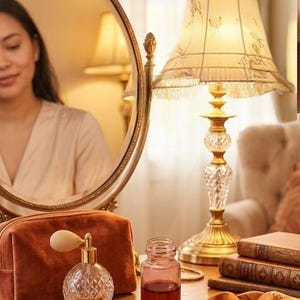 May include: A vanity table with a gold-framed mirror, a decorative lamp, and beauty products. A clear perfume bottle with a bulb atomizer, a small glass bottle with red liquid, and a rust-colored velvet cosmetic bag are visible.