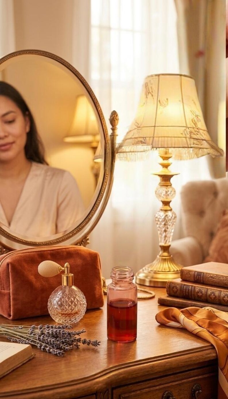 May include: A vanity table with a gold-framed mirror, a decorative lamp, and beauty products. A clear perfume bottle with a bulb atomizer, a small glass bottle with red liquid, and a rust-colored velvet cosmetic bag are visible.