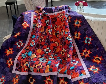 Hand Pieced Red and Purple Star Quilt
