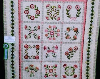 Homemade Queen size Applique Quilt with flowers and roses  pink and green    titled  'Bed of Roses'