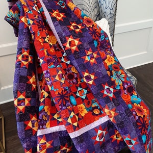 Hand Pieced Red and Purple Star Quilt,  Award winning Quilt
