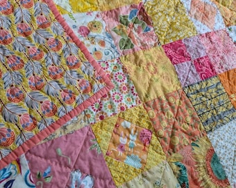 Sweet and Cheerful quilt, orange, pink, yellow hand quilted quilt
