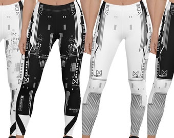 May include: Three pairs of black and white leggings with a geometric pattern. The leggings have the text "YOUR TEXT HERE" on the side. The text "VIRTUAL REALITY" is at the bottom of the image.