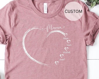 Personalized Mother’s Day T-Shirt with Kids Names, Custom Mom Shirt, Gift for Mama Mum Heart Shirt, Custom Grandma Shirt with Grandkid Names