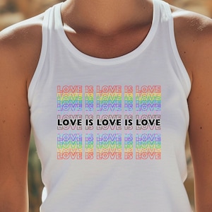 Love Is Love LGBTQ Gay Pride Tank Top, Women&#39;s Queer Pride Rainbow Flag Graphic Muscle Tee, Trans Pride Shirts, Inclusive Gay Pride Tank Top