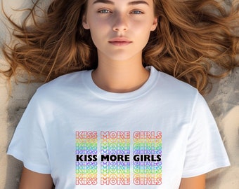 Kiss More Girls LGBTQ Gay Pride Tshirt, Women's Queer Pride Rainbow Flag Graphic Tee, Lesbian Love Shirt, Proud & Gay Same Sex Pride T-shirt