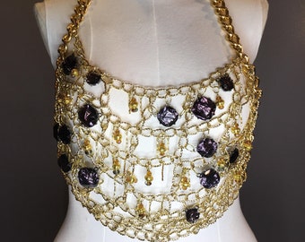 Gold Metal Chain & Crystal Bead Jewel Halter Bralette Top Blouse Shirt For Burning Man, Music Festivals, Concerts Or A Night out On The Town