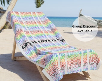 Love Is Love LGBTQ Inclusive Gay Pride Beach Towel, Queer Pride Rainbow Flag Bath and Beach Towel, Pride Beach Towel, Gay Pride Gift Towels