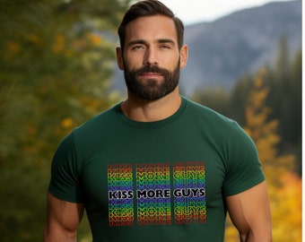 Kiss More Guys LGBTQ Gay Pride Tshirt, Men's Queer Pride Rainbow Flag Graphic Tee, Pride Parade Shirt, Proud & Gay Same Sex Pride T-shirt