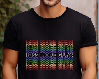 Kiss More Guys LGBTQ Gay Pride Tshirt, Men's Queer Pride Rainbow Flag Graphic Tee, Pride Parade Shirt, Proud & Gay Same Sex Pride T-shirt