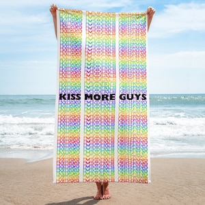 Kiss More Guys LGBTQ Gay Pride Beach Towel, Queer Pride Rainbow Flag Bath and Beach Towel, Pride Beach and Spa Towel, Gay Pride Gift Towels