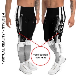 K&ouml;nnte beinhalten: Schwarz-wei&szlig;e Leggings mit geometrischem Muster. Die Leggings haben eine wei&szlig;e Leiste an der Seite mit dem Text "YOUR TEXT HERE".