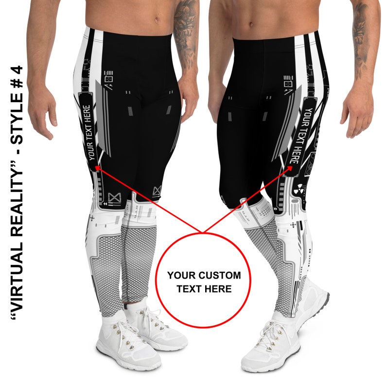 K&ouml;nnte beinhalten: Schwarz-wei&szlig;e Leggings mit geometrischem Muster. Die Leggings haben eine wei&szlig;e Leiste an der Seite mit dem Text "YOUR TEXT HERE".