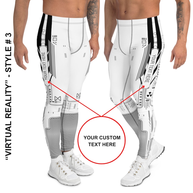 K&ouml;nnte beinhalten: Wei&szlig;e Sportleggings mit einem geometrischen Design in Schwarz und Grau. Die Leggings haben den Text "YOUR TEXT HERE" an der Seite.