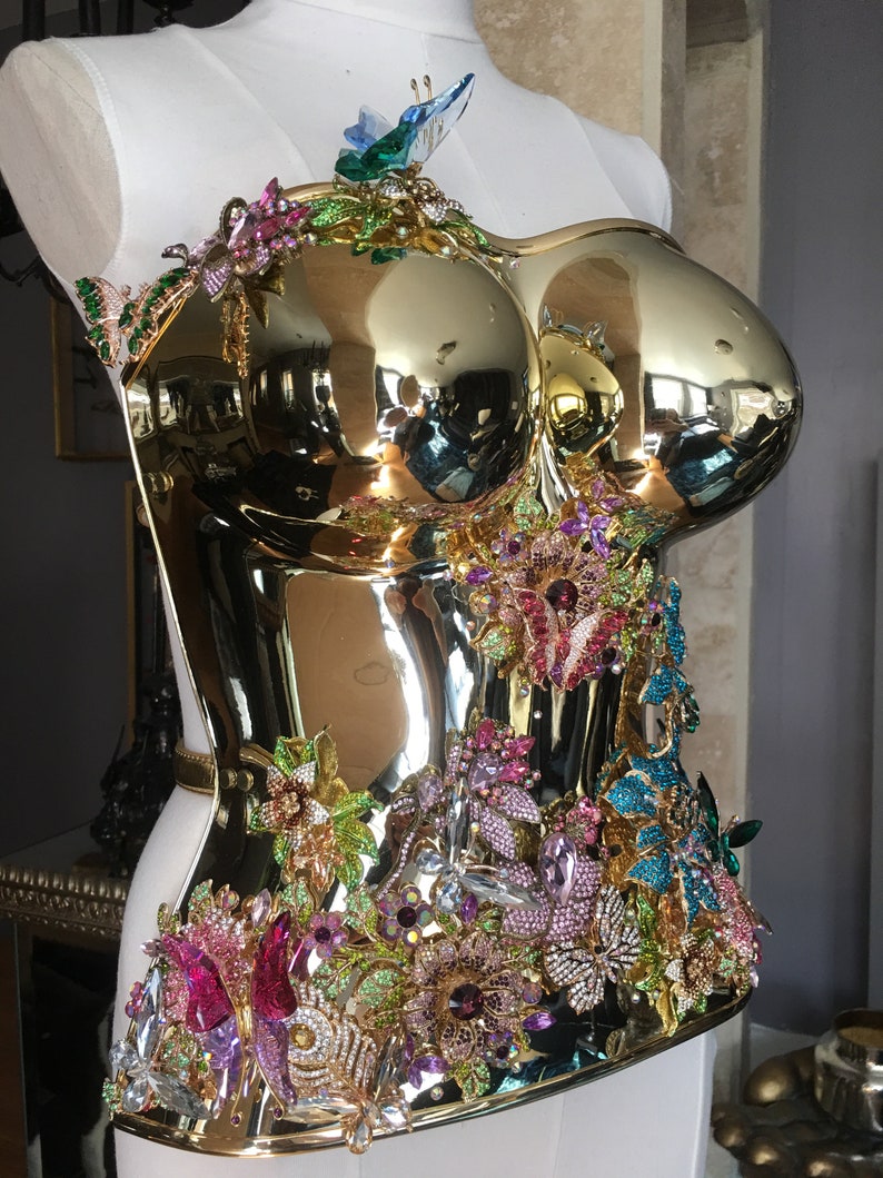 Gold Chrome Bustier Corset Breastplate With Swarovski Crystal Etsy