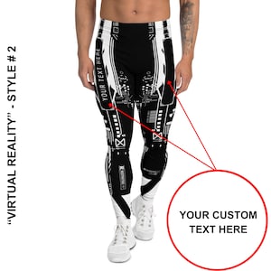 K&ouml;nnte beinhalten: Schwarz-wei&szlig;e Leggings mit einem Schaltkreisdesign. Die Leggings haben den Text "YOUR TEXT HERE" auf dem linken Bein und "YOUR CUSTOM TEXT HERE" auf dem rechten Bein.