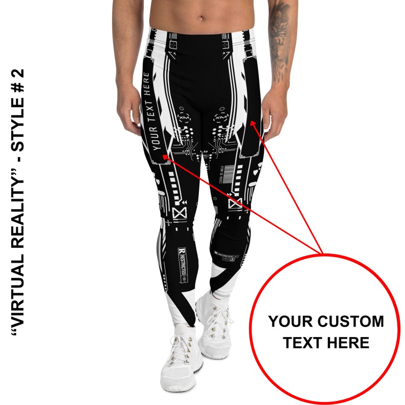 K&ouml;nnte beinhalten: Schwarz-wei&szlig;e Leggings mit einem Schaltkreisdesign. Die Leggings haben den Text "YOUR TEXT HERE" auf dem linken Bein und "YOUR CUSTOM TEXT HERE" auf dem rechten Bein.