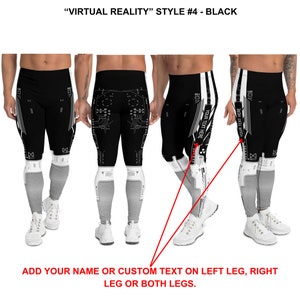 K&ouml;nnte beinhalten: Schwarze Leggings mit einem wei&szlig;en und grauen geometrischen Muster. Die Leggings haben einen anpassbaren Bereich am linken und rechten Bein, in den Sie Ihren Namen oder einen individuellen Text einf&uuml;gen k&ouml;nnen. "YOUR TEXT HERE" ist auf den anpassbaren Bereichen aufgedruckt.