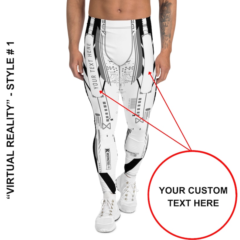 K&ouml;nnte beinhalten: Wei&szlig;e Leggings mit einem geometrischen Muster in Schwarz und Grau. Die Leggings haben den Text "YOUR TEXT HERE" an der Seite.