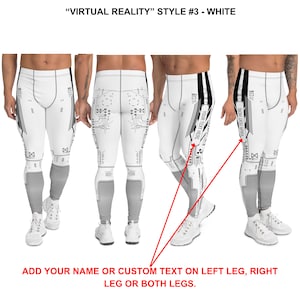 K&ouml;nnte beinhalten: Wei&szlig;e Leggings mit einem grauen Schaltkreisdesign. Die Leggings haben einen Platz auf dem linken und rechten Bein, um benutzerdefinierten Text hinzuzuf&uuml;gen. Der Text "YOUR TEXT HERE" wird auf den Leggings angezeigt.
