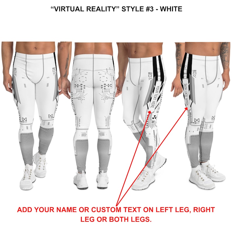 K&ouml;nnte beinhalten: Wei&szlig;e Leggings mit einem grauen Schaltkreisdesign. Die Leggings haben einen Platz auf dem linken und rechten Bein, um benutzerdefinierten Text hinzuzuf&uuml;gen. Der Text "YOUR TEXT HERE" wird auf den Leggings angezeigt.