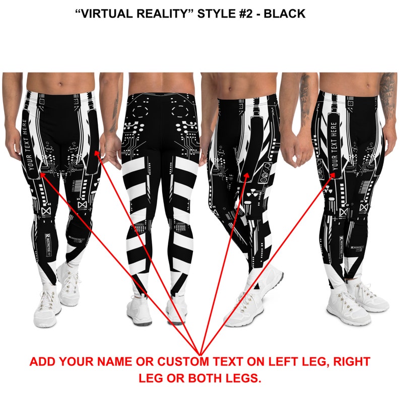 K&ouml;nnte beinhalten: Schwarz-wei&szlig;e Leggings mit geometrischem Muster und dem Text "YOUR TEXT HERE" an der Seite. Die Leggings werden an einem Modell in vier verschiedenen Posen gezeigt.
