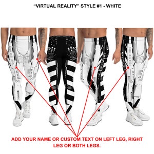 K&ouml;nnte beinhalten: Schwarz-wei&szlig;e Leggings mit geometrischem Muster. Die Leggings haben einen anpassbaren Bereich am linken und rechten Bein, wo Sie Ihren Namen oder einen individuellen Text hinzuf&uuml;gen k&ouml;nnen. "VIRTUAL REALITY" STYLE #1 - WHITE